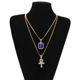 Egyptisk Ankh -livsnyckel Bling Rhinestone Cross Pendant med Red Ruby Pendant Necklace Set Men Hip Hop Jewelry 3210