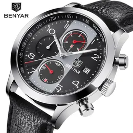 Benyar Chronograph Sport Watches Men Waterproof Brand Retro Leather Quartz Watch Clock All Dials Work Support Drop Grey272o