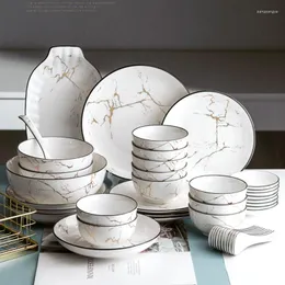 Dinnerware Sets Black Border Ceramic Dishes And Plates Creative Marble Dinner Plate Nordic Round Dessert Household Tableware Platos