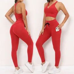 Kvinnor Leggings passar tvådelar Yoga kläder Design Tracksuit Solid Color Zipper Top and DrainString Pants Buttock Lift Elastic Force Sport Gymkläder