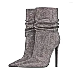 Boots Lilyptuart Rhinestone Women 2023 mode fyra säsongskor bling sexig tunn högklackad fotledstorlek 44 fest