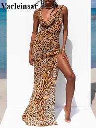 Женские купальники Сексуальные без спины леопардовой высокий расщепление макси шифон пляжный прикрытие плать