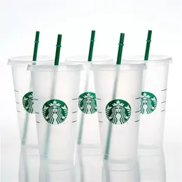 DHL Mermaid Tanrıça Starbucks 24oz/710ml Plastik Kupalar Tumbler Yeniden Kullanılabilir Açık İçme Düz Alt Sütun Şekli Kapak Saman Kupaları SS1230