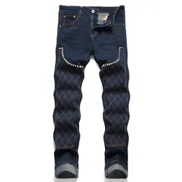 Jeans da uomo con rivetti retrò primaverili Jeans da uomo con cuciture blu scuro Pantaloni elasticizzati slim-fit Pantaloni casual in denim estivi Pantalones maschili Para Hombre Vaqueros