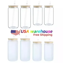 16oz USA Warehouse Water Bottles DIY Blank Sublimation Can Tumblers Shaped Beer Glass Cups with Bamboo Lid and Straw for Iced Coffee Soda ss1230