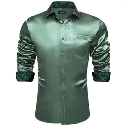 メンズカジュアルシャツグリーンペイズリーストレッチサテンタキシードシャツコントラストカラー男性デザイナー服ドロップ用の長袖