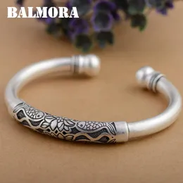 Balmora 990 Pure Silver Lotus Flower Fish Open armbanden voor vrouwen Moeder Gift Ongeveer 18 cm retro armband sieraden Pulsera SZ0306270Y
