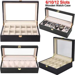 6 10 12 Slots Pudełko zegarek czarny drewniany biżuteria Organizer Watch Display Case Glass Top Wris Watches Pudełko luksusowe uchwyt D40328H