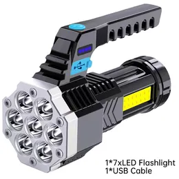 Hochleistungs-LED-Taschenlampe, leistungsstarke Camping-Laterne, wiederaufladbare USB-Taschenlampe, tragbare tragbare Außenlampe, integrierte Batterie, COB, 7 LED-Taschenlampen