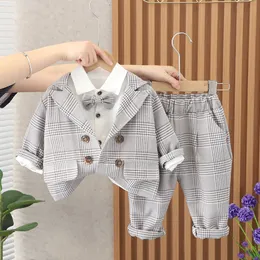 Children Kids Gentleman Clothing Suit Birthday Wedding Party Elegant Set Baby Boy Casual Wear Lattice T Shirt Pants Costume