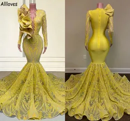 Muhteşem sarı payetli dantel balo elbiseleri uzun kollu seksi daldırma v Boyun resmi akşam parti elbiseleri denizkızı fırfırları aso ebi ikinci resepsiyon elbise cl1633
