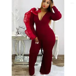 Tracksuits Perl Ruffle Single Full Sleeve Jumpsuit V-neck Curved Rompers Plus Size Women's Clothing Elegant Party Wear Chic Outfit 4XL