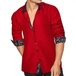 Camicie casual da uomo Camicia da uomo a maniche lunghe Rosso Solido Blu Paisley Contrasto di colore Abito alla moda per colletto button-down DiBanGu