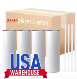 USA Warehouse Sublimation Tumblers أكواب فارغة 20 أوقية 16 أوقية أبيض الفراغات المستقيمة على الفور كوب القدح مع كوب من القش مع غطاء الخيزران
