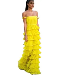 Yellow Jewel A Line Prom Dresses Bow Tie Strap Formal Gown Ruffles Tiered Floor Length Womens Maxi Dress