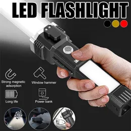 Lanterna LED multifuncional Tocha de lanterna recarregável portátil com martelo de segurança Luz lateral de ímã forte para iluminação de emergência ao ar livre