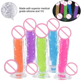 Itens de beleza transparente vibrador luminoso realista com copos de sucção jelly pênis plug de bunda sexyy para vidrilhas brilha no escuro brinquedos sexy