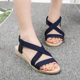 Sandaler Kvinnor 2022 Summer Elastic Band Solid Color Women Sandal Flat Shoes For Plus Size 42 Beach