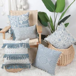 Pillow Blue Floral Printed Tufted Cover Sofa Four Corners Tassel Cotton Woven Customized Family