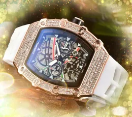 Beliebte Herren- und Damenmode, hohles Skelett-Zifferblatt, Diamanten, Ring, Iced Out, drei Stifte, Gummigürtel, automatisches Datum, Quarzwerk, Kleid-Armbanduhr, Montre de Luxe-Geschenke