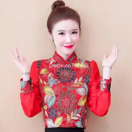 Etniska kläder 2022 Chinese Chiffon Blue Cheongsam Shirt Qipao Top Long Sleeve Traditional for Women