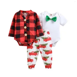 Giyim setleri 0-24m Noel Bebek Erkek Kız Kızlar Beyefendi Giysileri 3 PCS Ekose Tek Kesin Kruvaze Romper Ceket Çağ Tail Tulum Pantolon