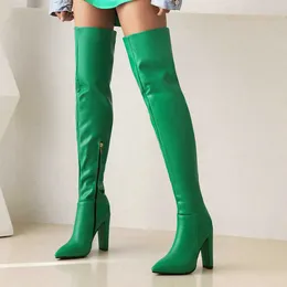 2022 Winter Women Over the Knee Boots Sexy Pointed Toe Square High Heel Ladies Thigh Boots PU Leather High Quality Zipper Boots Y220729