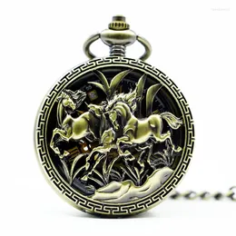 Pocket Watches vintage Roman Number Mechanical Watch Steampunk Retro Bronze Hollow Horse Mulheres Mulheres