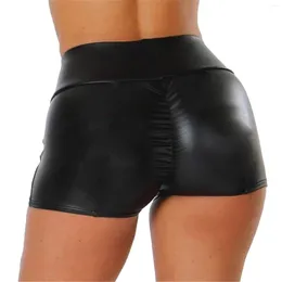 Shorts femininos femininos de couro faux raves arrasados ​​para trás da cintura alta calça de cor de partida de partida feminina de cor sólida