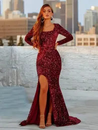 Burgundy Long Sleeves Velvet Sequin Evening Dresses 2023 Square Neck Mermaid Prom Slit Party Engagement Sparkly
