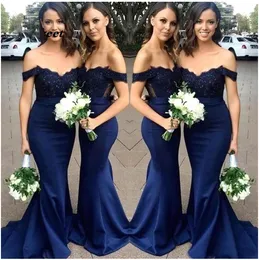 Navy Blue Mermaid Bridesmaid Dresses Off Shoulder Chiffon Satin Garden Wedding Guest Party Dresses Boho Maid Of Honor Prom Gowns