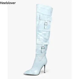 Heelslover وصول جديد النساء الشتاء فوق أحذية الركبة Sexy Stiletto الكعوب المدببة إصبع القدم الرائع الحفلات الأزرق الفاتحة أحذية الولايات المتحدة 5-15