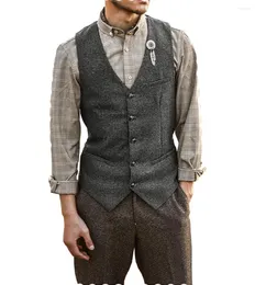 Men's Vests Men's Vintage Suit Vest Herringbone Tweed Wool Formal V Neck Waistcoat Regular Fit Groom's Wear Wedding