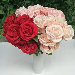 Dekorativa blommor konstgjorda blommor röd rosa siden rosbukett diy garland bröllop fest leveranser hem dekoration gåva 9 huvuden falsk faux