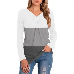 Blusas de mujer Camiseta de retales Tops de manga larga para mujer Ropa de primavera y otoño Mujer con cuello en V Costuras a rayas Contraste de color Casual