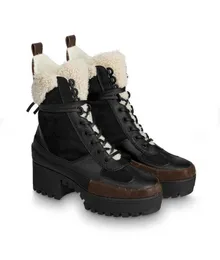 Luxur Designer Laureate Platform Desert Boots Suede Calf Leather and Patent Canvas Back Loop Treaded Gummi Outrula Booties Storlek 35-43 med originallåda