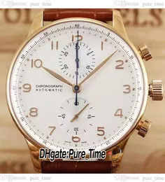 40.9mm Portugieser 371480 Chronograph Quartz Mens Watch White Dial Champagne Number Markers Rose Gold Case Brown Leather New Watches Puretime PTIW B002I1