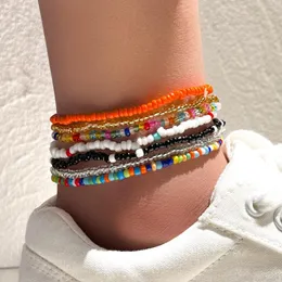 Anklets 7pcs Boho Colorful Rice Bead Anklet anklet for Women Sandy Beach Chain on Leg ankle Bracelet Lady Bohemia Jewelry