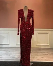 Seksi Derin V Boyun Yüksek Slit Prom Elbiseler 2023 Uzun Kollu Bordo Sequin Afrika Siyah Kız Robe De Soiree de Mariage Parti Elbisesi