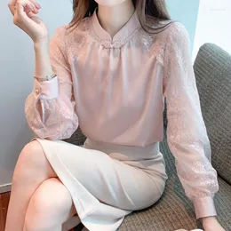 Женские блузки ретро винтажный стиль пуговица Кружевая сплайсинг шелковистый шифоновый шифоновый блуз