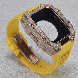 För Apple Watch Series 8 7 6 5 4 SE 44mm 45mm Bling Diamond Titanium Eloy Zircon Modification Kit Fluororubber Protective Case Band Rem omslag