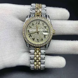 Quadrante con numeri arabi con diamanti pieni Orologio da donna taglia 36MM Orologio ghiacciato di lusso Orologio automatico argento oro bicolore con diamanti in acciaio lady3339