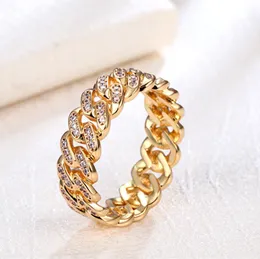 8mm Cuban Link Chain Ring 18K Gold Plated Bling CZ Simulated Diamond Hip Hop Ring for Men Women