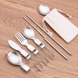 Geschirrssätze aus Edelstahl faltbar Campinglöffel Gabel -Chopstäbchen -Flüstern -Utensilien -Set -Tasche für Fahrten/Familienpicknick/Grill -Tischgeschirr