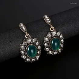 Halsband örhängen set turkisk stil pläterad forntida guldlegering ring tredelar mörkblå glashäng utstrålar en kristallliknande glöd