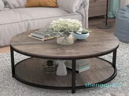 Living Room Furniture Usa Stock Round Coffee Table Rustic Wooden Surface Top Sturdy Metal Legs Industrial Sofa For Living Room Mod1618436