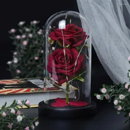 Decorative Flowers Eternal Flower Rose Glass Cover LED Light Artificial In Dome For Christmas Mother's Valentine's Day Gift