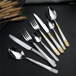Dinnerware Sets Stainless Steel Luxury Cutlery Steak Knife Fork Dessert Spoon Silverware Retro Relief Wheat Ears Tableware Utensils For