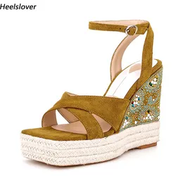 Heelover New Fashion Women Sandals Sandały Kryształowe kliny pięty kwadratowe palce piękne brązowe buty bankietowe panie w USA rozmiar 5-13