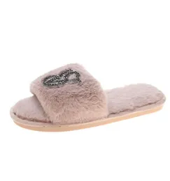 Indoor Fur Slippers designer Shining Crystal letter House Full Furry Soft Fluffy Plush Platform Flats Heel Non Slip Shoes ladies loafers